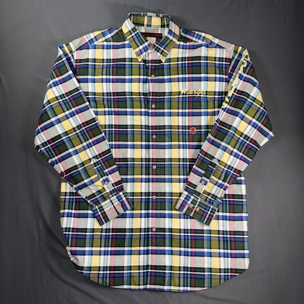 Wrangler Twenty X Shirt Mens Large Plaid Long Sleeve Western Embroidered Rodeo